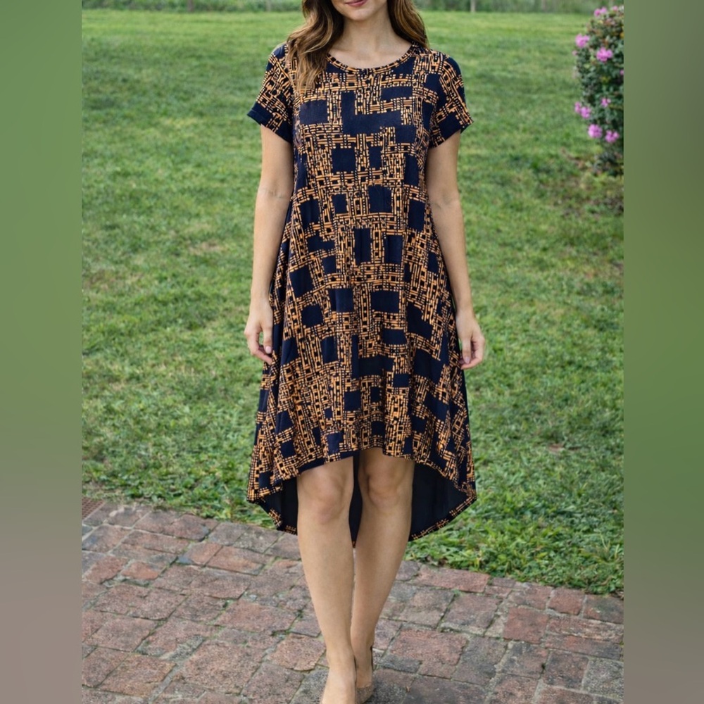 -LuLa Roe Metallic Copper & Navy Dress Women’s Size Small